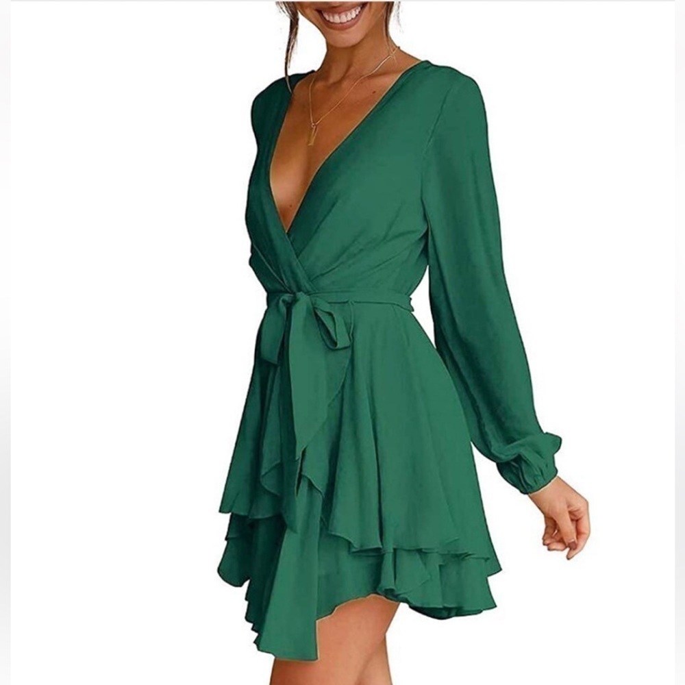 Women's Deep V-Neck Green Wrap Dress with Tie Waist